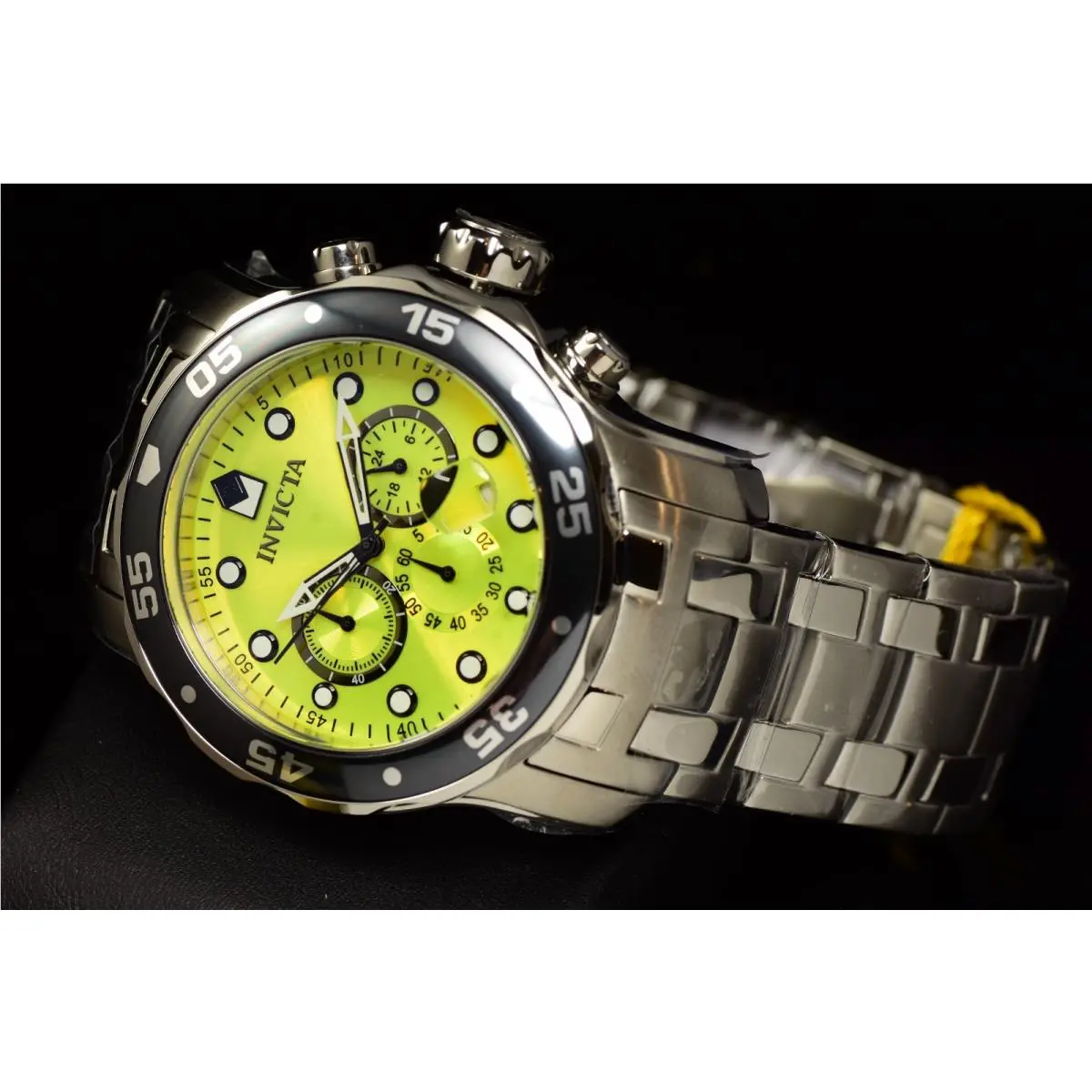 Invicta Men`s 48mm Pro Diver Scuba Chronograph Yellow Dial Silver Tone Watch