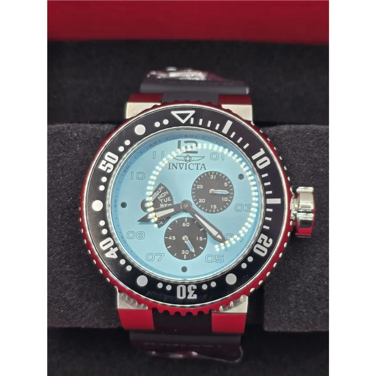 Invicta Pro Diver Mens 52mm Quartz Multifunction Light Blue Dial Black SS Watch