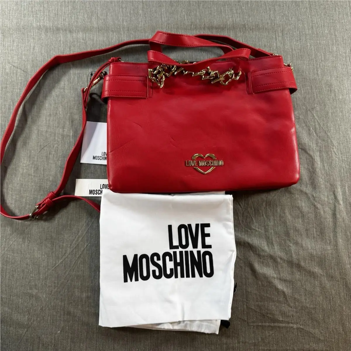 Love Moschino Red Vegan Leather Heart Chain Satchel Bag