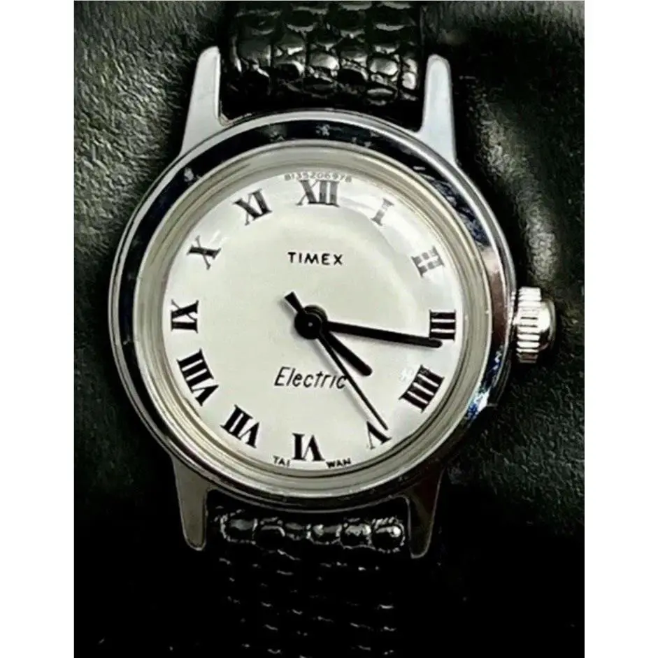 Vtg 1978 Timex C Cell Women`s 24mm Electric Watch Steel White Black Leather