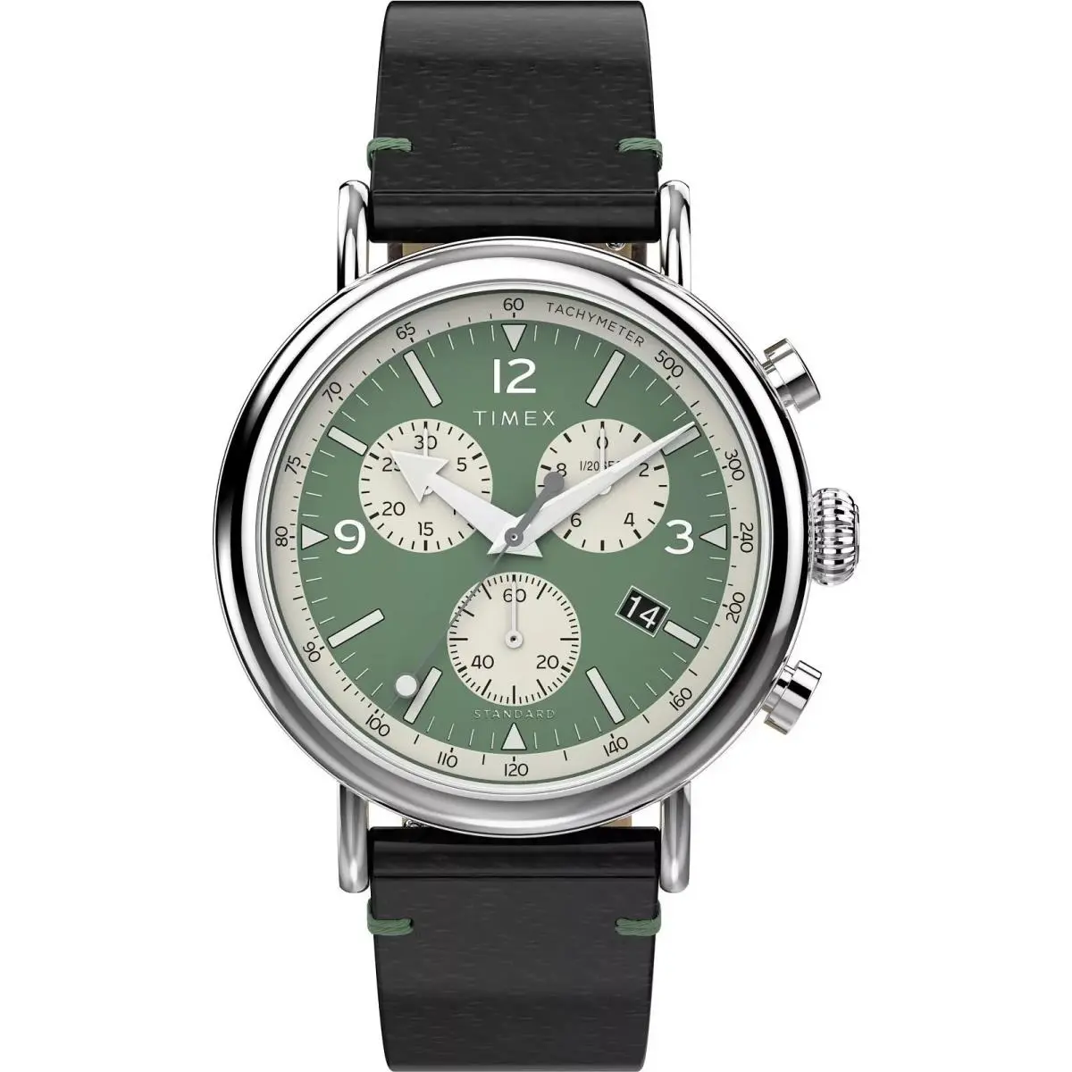 Timex Standard Chronograph Men`s Watch Green Dial Brown Leather Strap TW2V71000