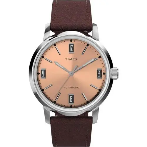 Timex Marlin Automatic 40mm Salmon Pink Dial Brown Leather Men`s Watch TW2W33800
