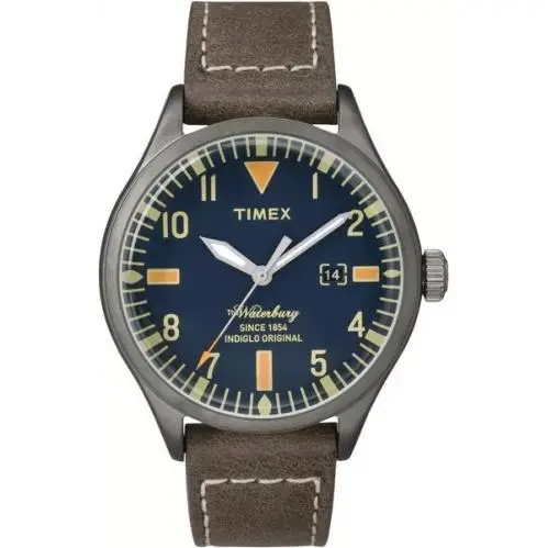 Timex Waterbury Traditional Men Blue Dial Gunmetal Brown Leather Watch TW2P83800