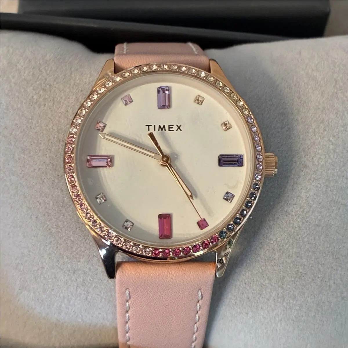 Timex Women’s Rose Gold Tone Crystal Bezel Pink Leather Strap Watch w/ Box