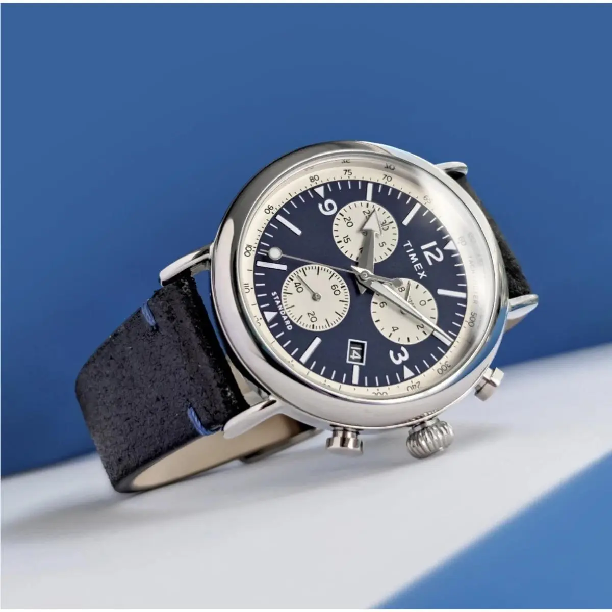 Standard Chronograph Men`s Blue Dial Black Leather Indiglo Watch TW2V71100 by Timex