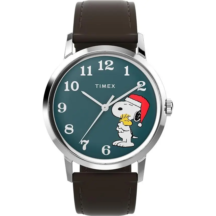 Timex Peanuts Marlin Men`s 34mm Snoopy Blue Dial Brown Strap Analog Quartz Watch