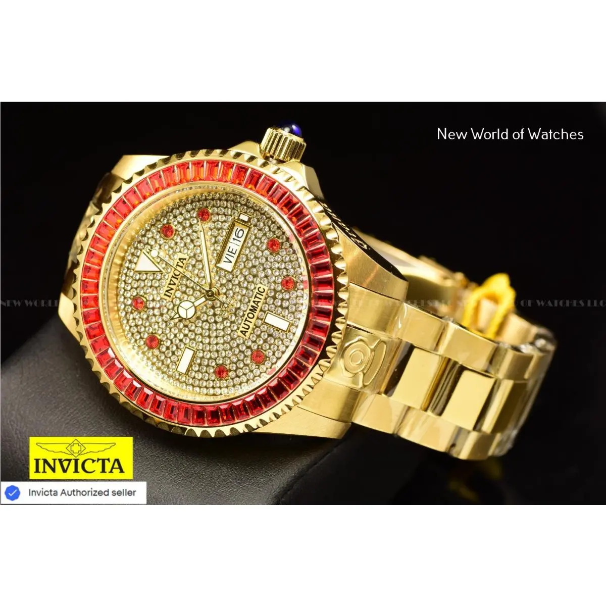Men`s Grand Diver Automatic Crystal Pave Dial Gold Tone SS Watch by Invicta