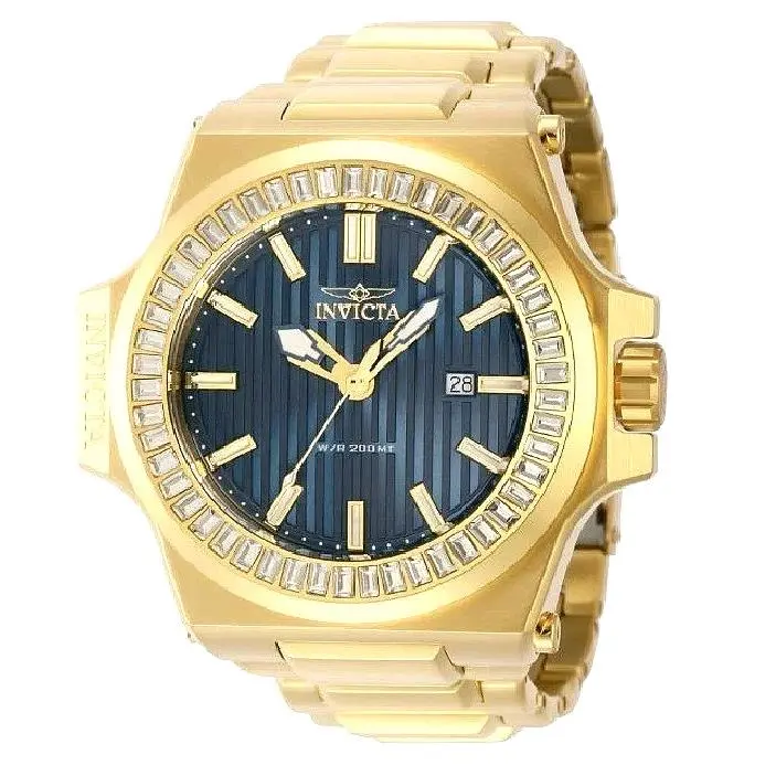 Invicta Men`s 43387 Akula Quartz Crystal Accented Blue Dial 3 Hand Gold Link