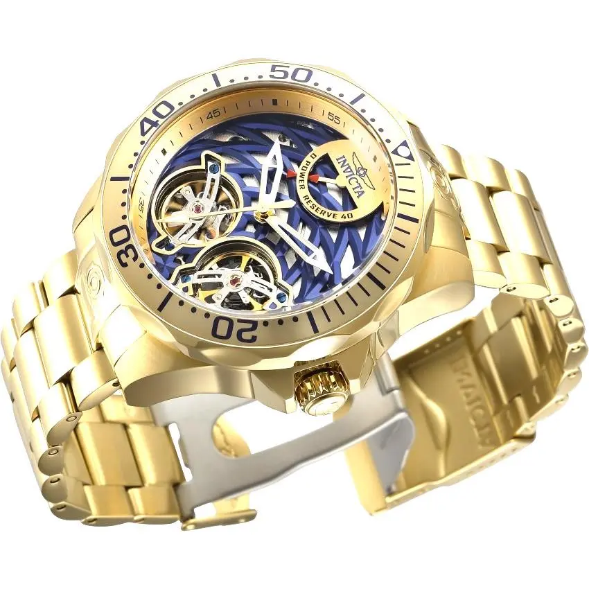 Rare 47mm Auto Blue Grid Double Open Heart Goldtone SS Link Bracelet by Invicta