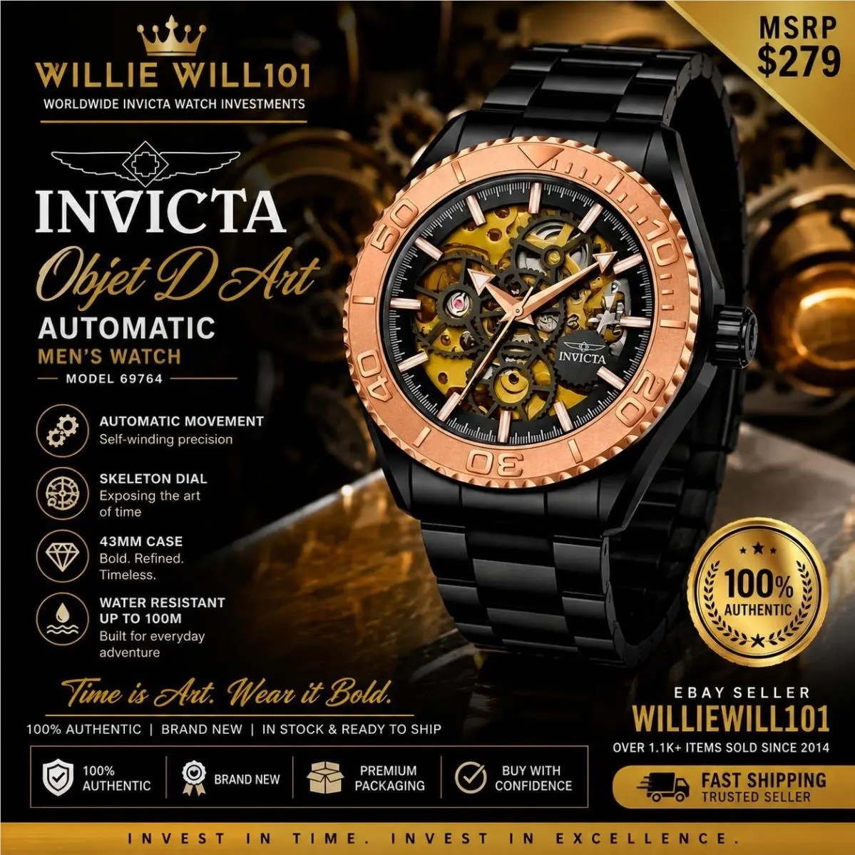 Invicta Objet D Art Automatic Men`s Watch W/skeleton Dial 43mm 69764