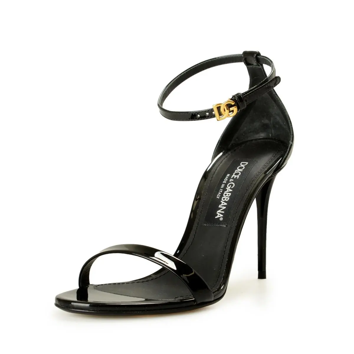 Dolce Gabbana Women`s Patent Leather Heeled Gold Logo Sandals Shoes US 9 IT 39