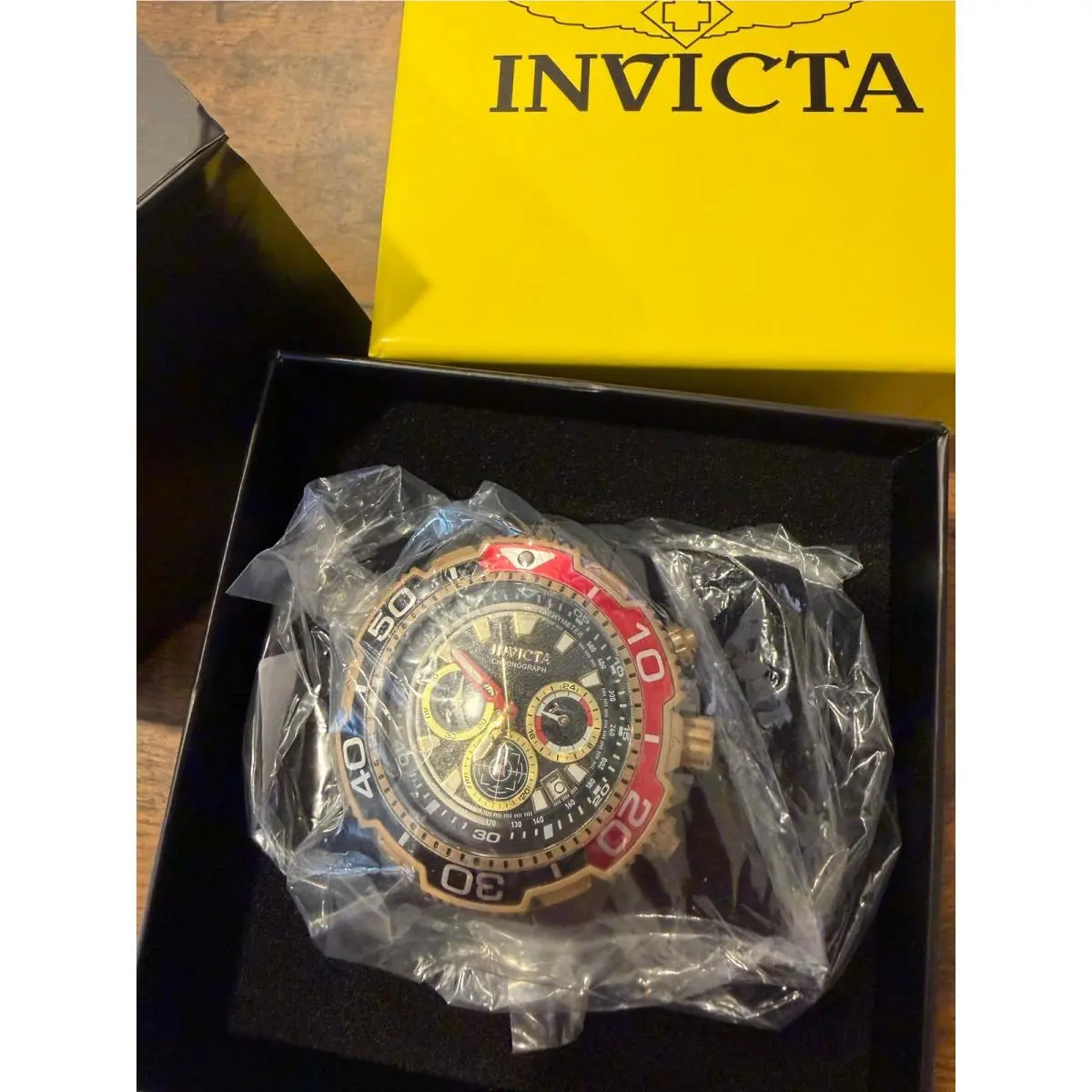 Chronograph Mens Watch Black Dial Red Bezel Gold Case by Invicta