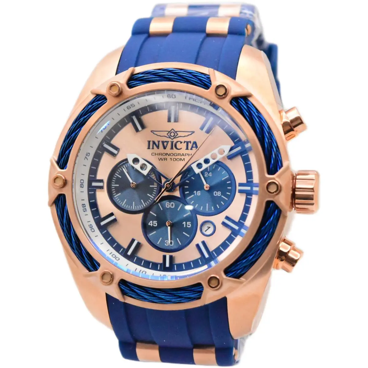 Bolt Men`s 52mm Rose Gold Blue Cable Silicone Chronograph Watch 31434 by Invicta