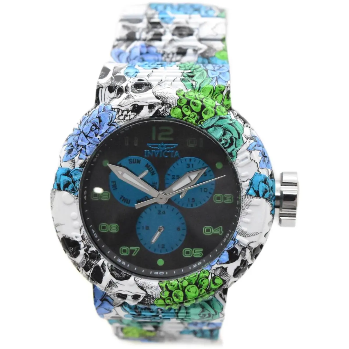 Invicta Pro Diver Exclusive Neoart Skull Garden Men`s 52mm Quartz Watch 50213 - Dial: Black Blue Green, Band: Black Blue Green Multicolor White, Bezel: Black Blue Green Multicolor White
