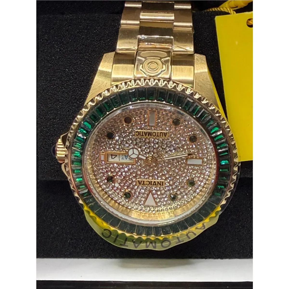 Automatic Real Crystals Dial Bezel Goldtn Bracelet Grand Diver  Watch by Invicta