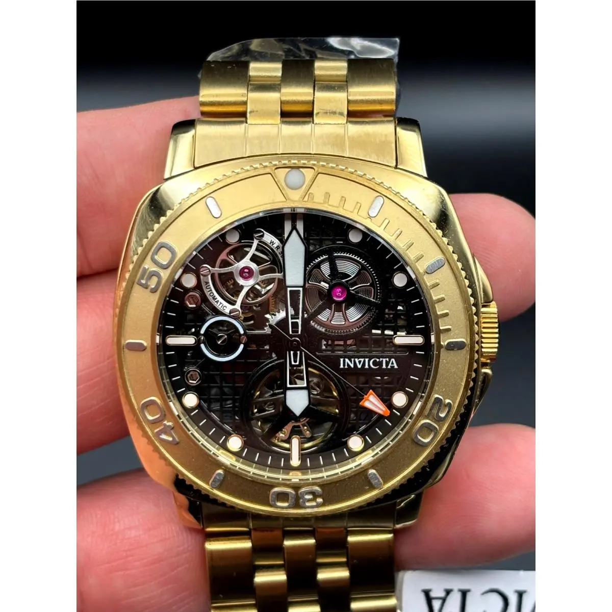 Invicta 69465 Sea Hunter Automatic Skeleton Dial Gold Tone Mens Watch 44mm Nibwt