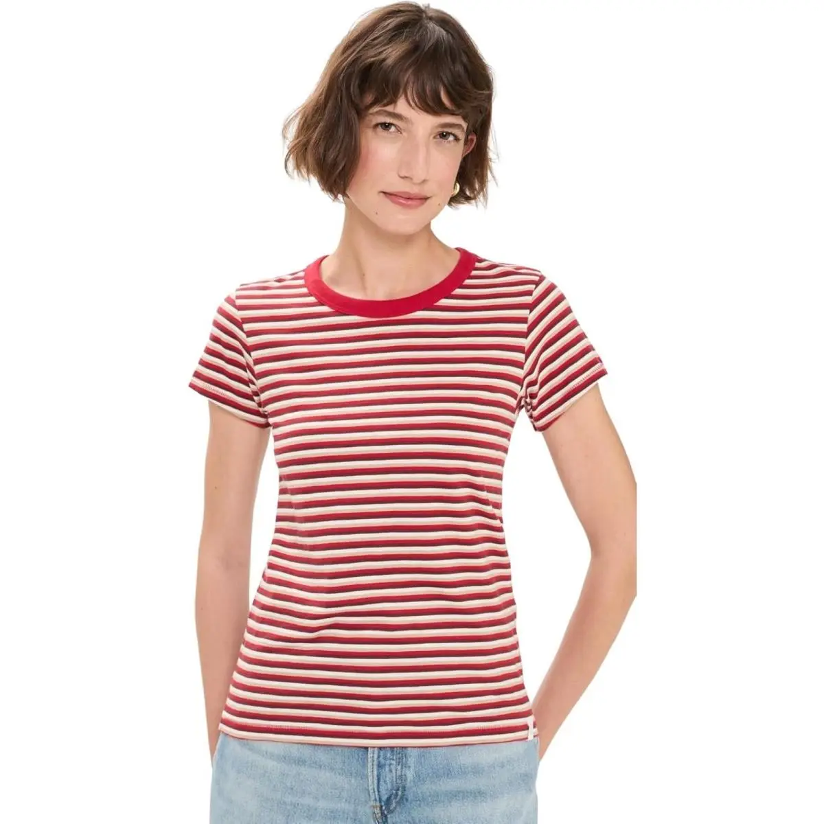Rag Bone Womens Red Beige Multi The Slub Crew Neck Short Sleeve Striped Tee