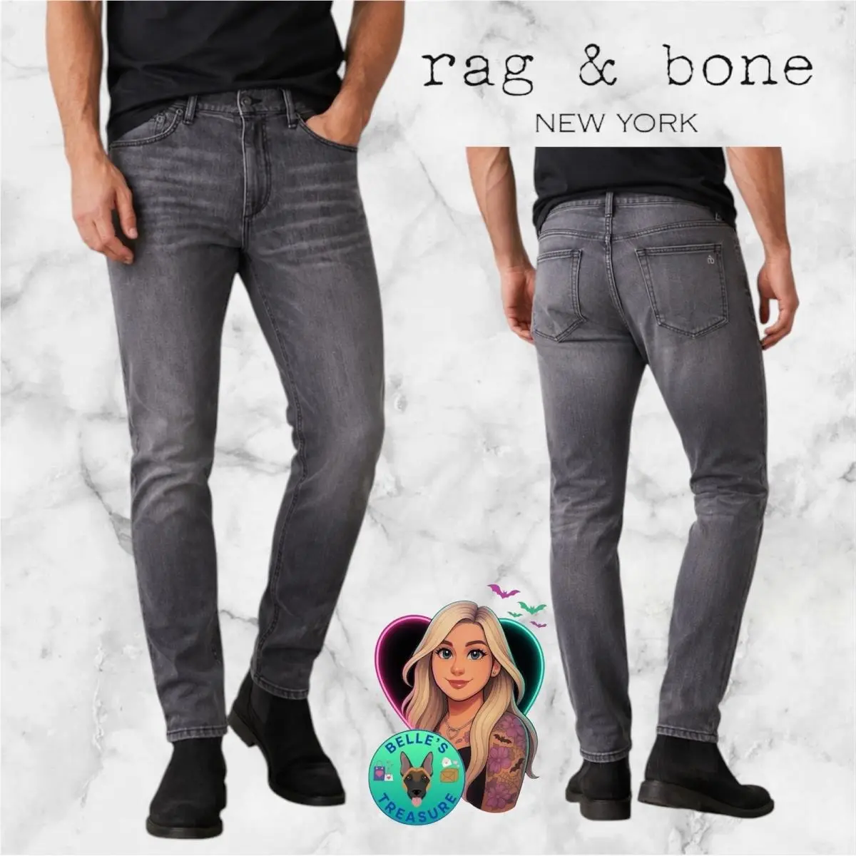 Rag Bone Men`s 34x32 Fit 1 Slim Straight Jeans Skinny Stretch Grey Denim