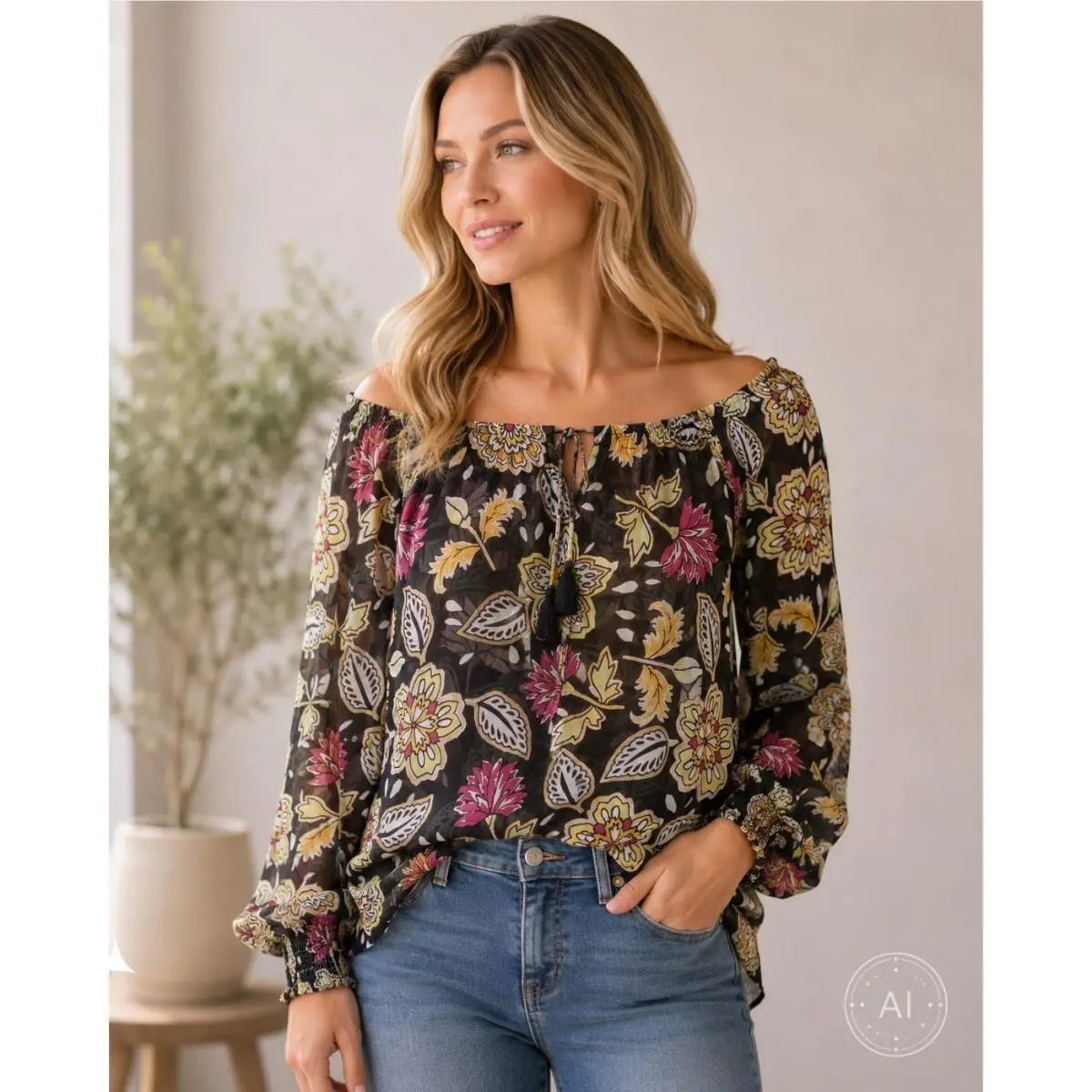 Rag Bone Sierra Floral Silk Blend Peasant Blouse XS Off Shoulder Boho