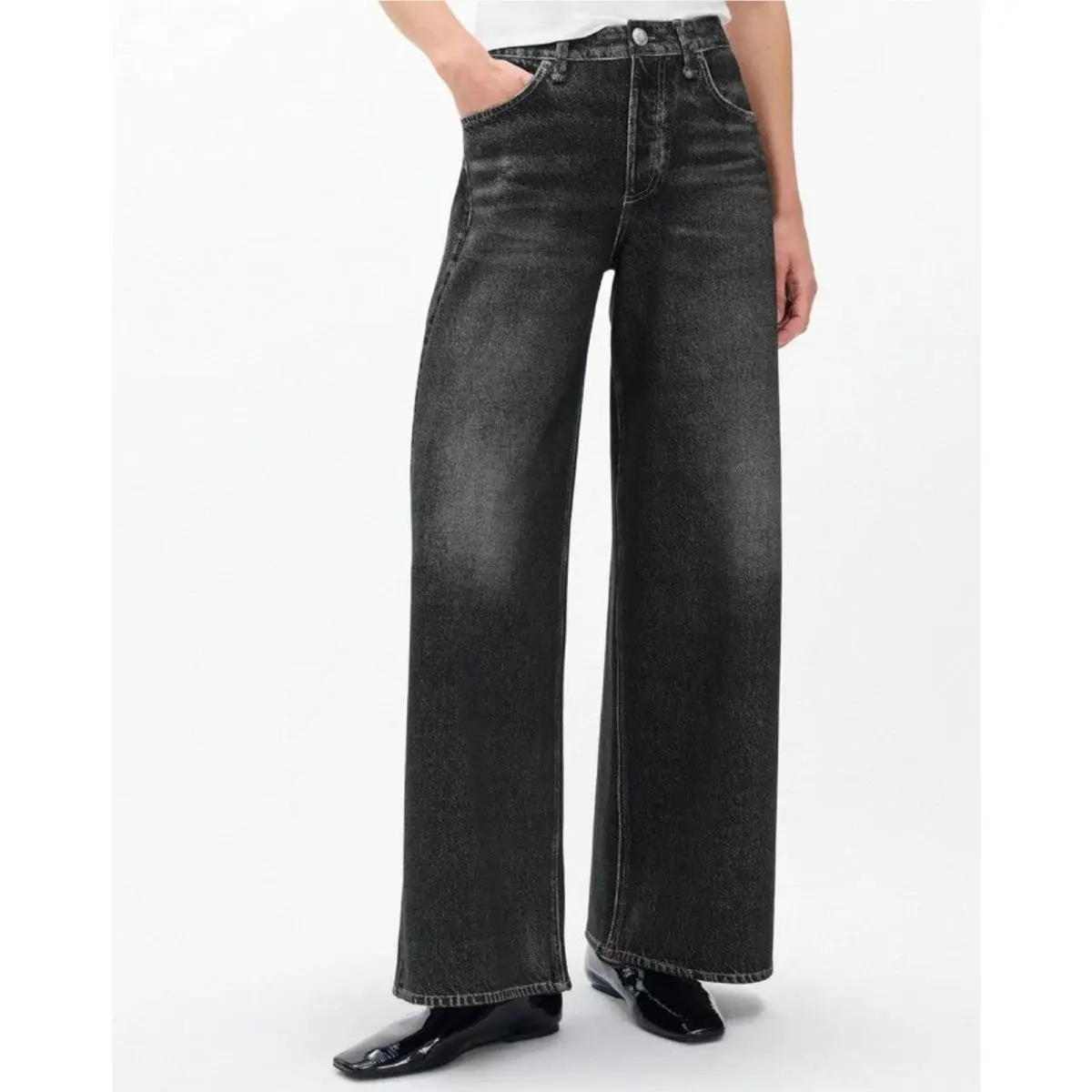 Rag Bone Miramar Ponte Sofie Wide Leg Jeans High Rise Washed Black 31