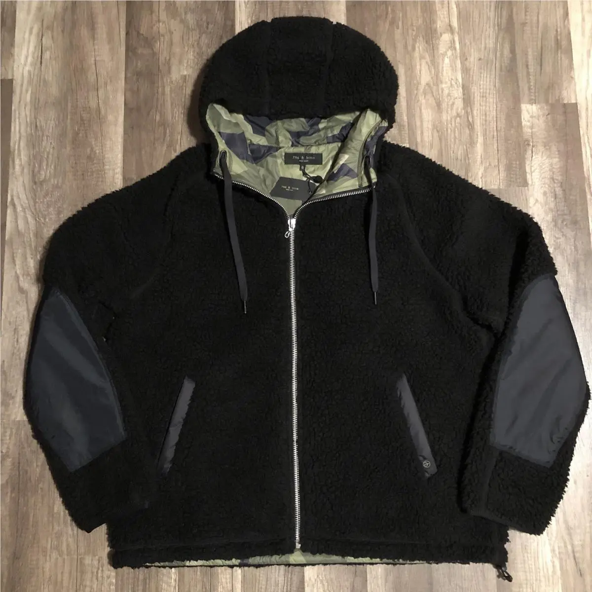Rag Bone Fleece Tactic Jacket XL Phantom Black Sherpa Hood Full Zip Camo Lined