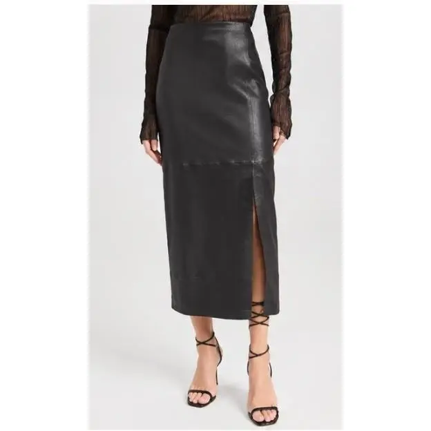 Rag Bone Ilana Stretch Lambskin Leather Midi Skirt Black Size 00