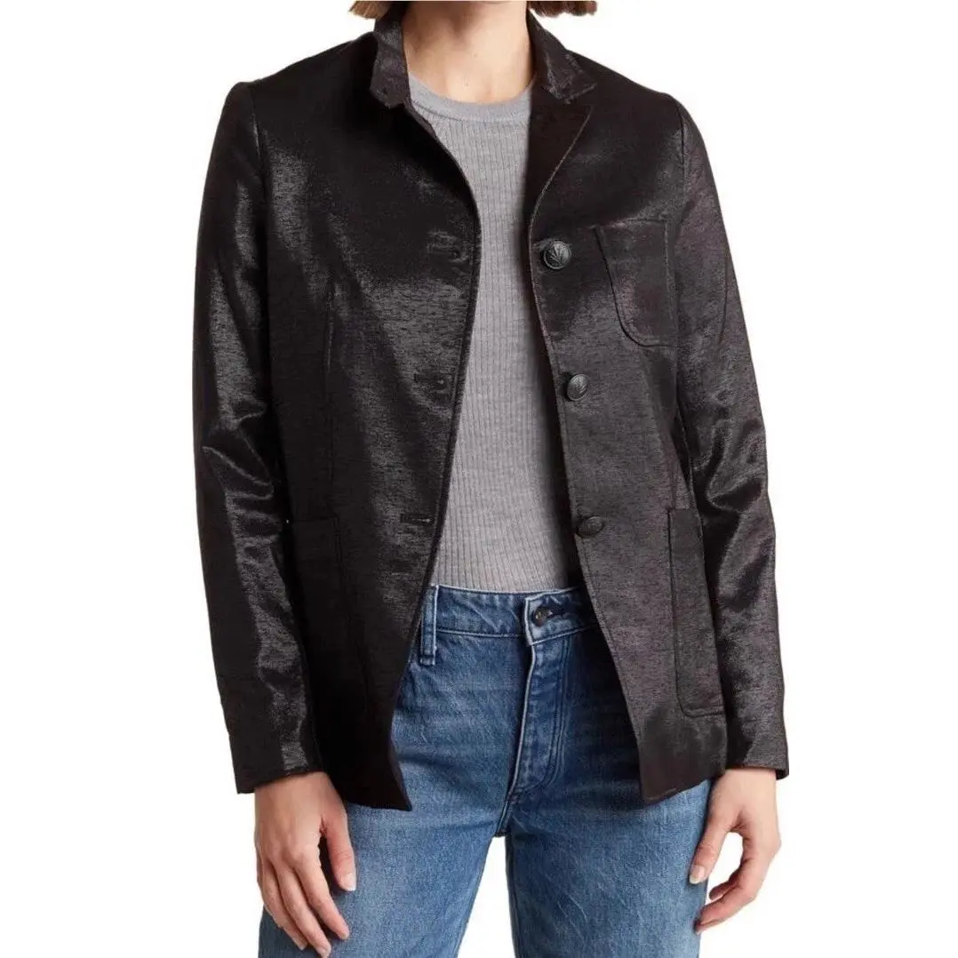 Rag Bone Size 8 Sid Blazer Black Metallic Wool Blend Button Jacket