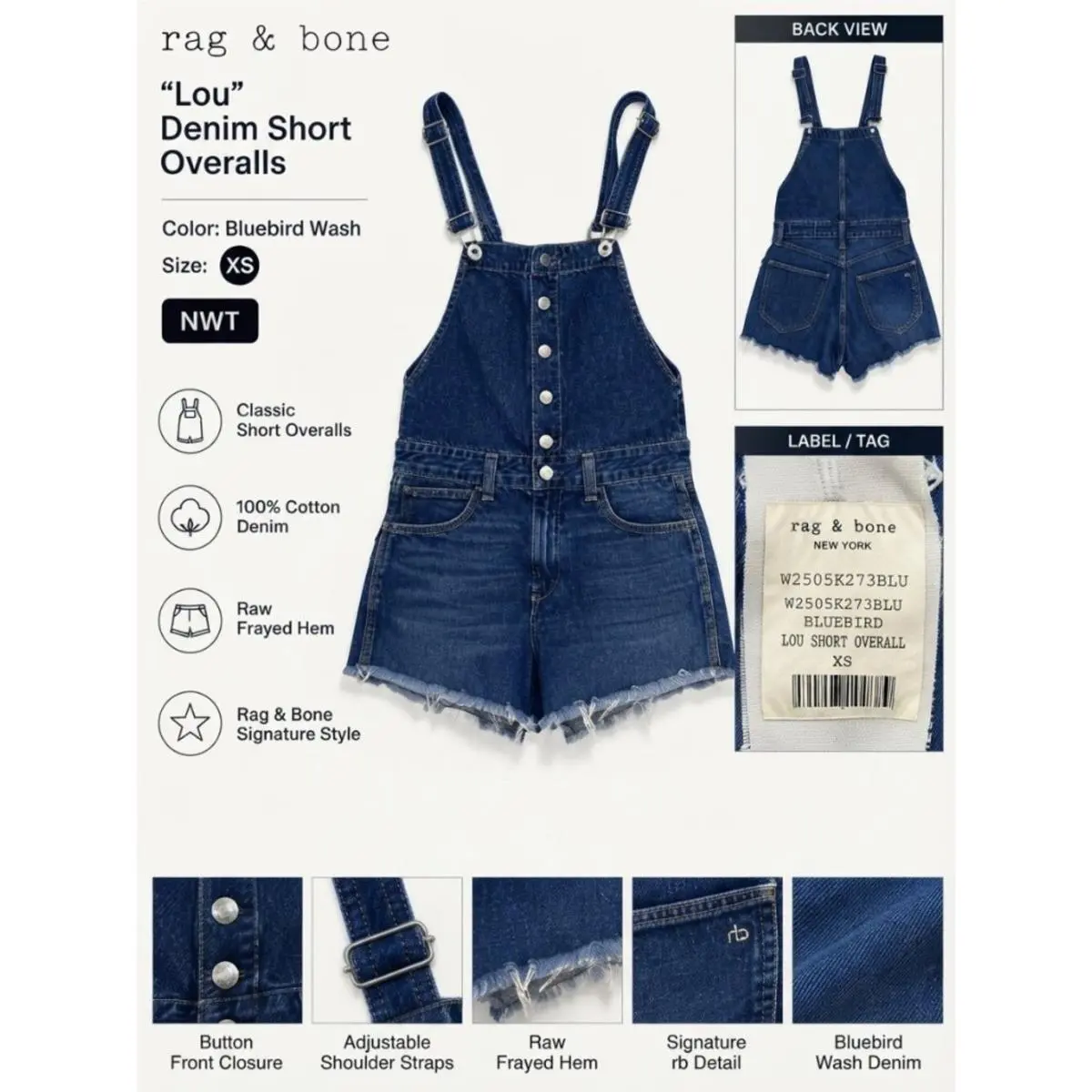 Rag Bone Lou Denim Short Overalls Bluebird Wash Size XS