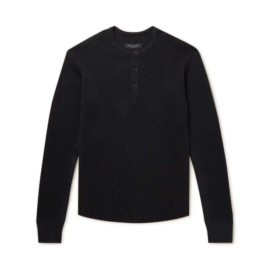Waffle Knit Cotton Blend Henley by Rag Bone Size M Mens Black