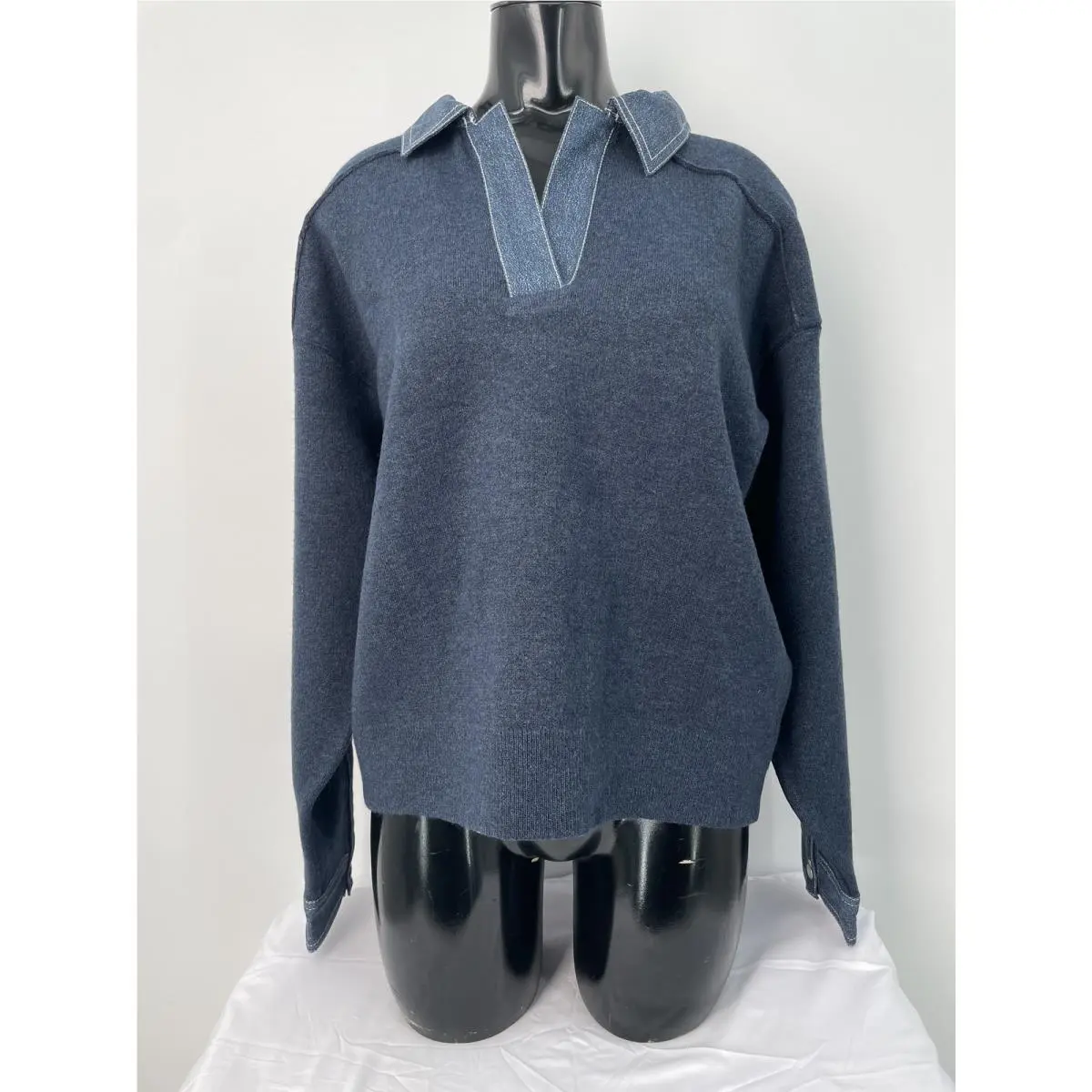 Rag Bone Womens Polo Blue Size M Marie Denim Long Sleeve Knit Acrylic Blend