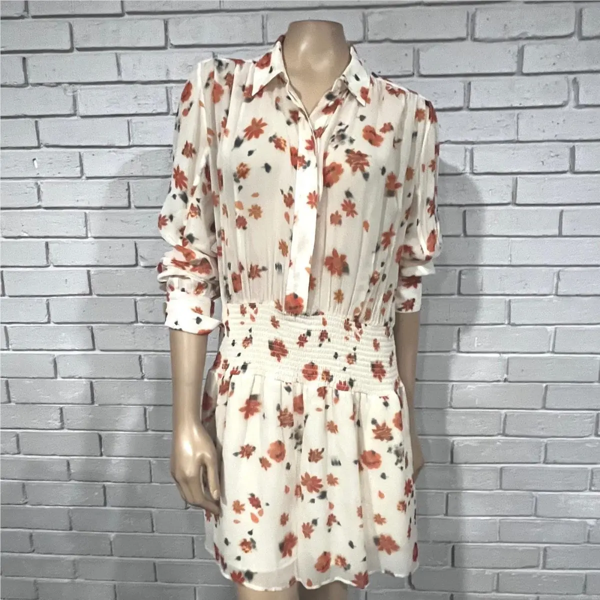 Rag Bone York Floral Smocked Mini Dress White Orange Long Sleeve Size M