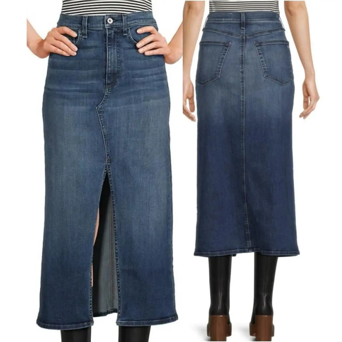 Rag Bone Clare Midi Denim Skirt Medium Wash Front Slit 29 Boho Chic