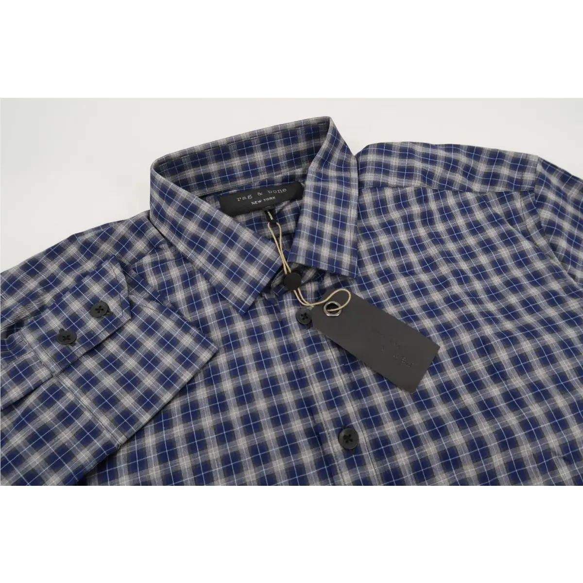 Rag Bone Charles Men`s 16 Navy Gray Plaid Cotton Dress Shirt