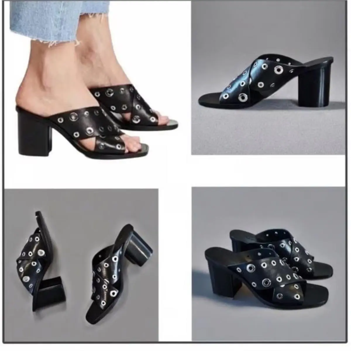 Rag Bone Black Leather Grommet Eyelet Crisscross Block Heel Slide Sandals