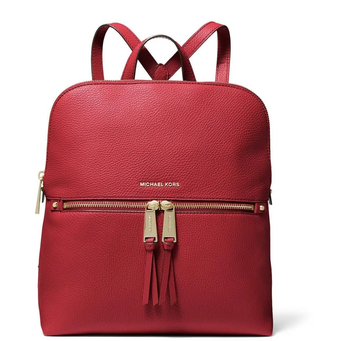 Rhea Medium Pebbled Slim Backpack Bright Red Gold Hardware by Michael Kors