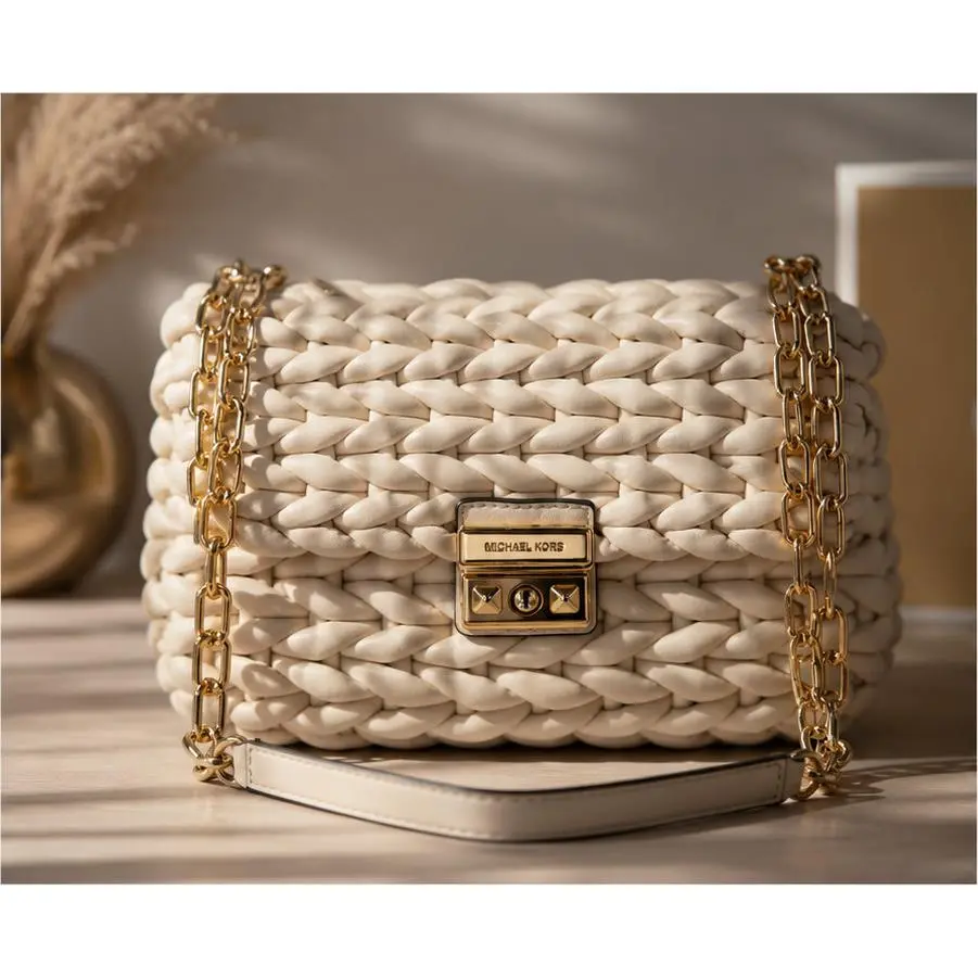Michael Kors Tribeca Large Chain Shoulder Bag Birch Woven Leather Gold Hardware