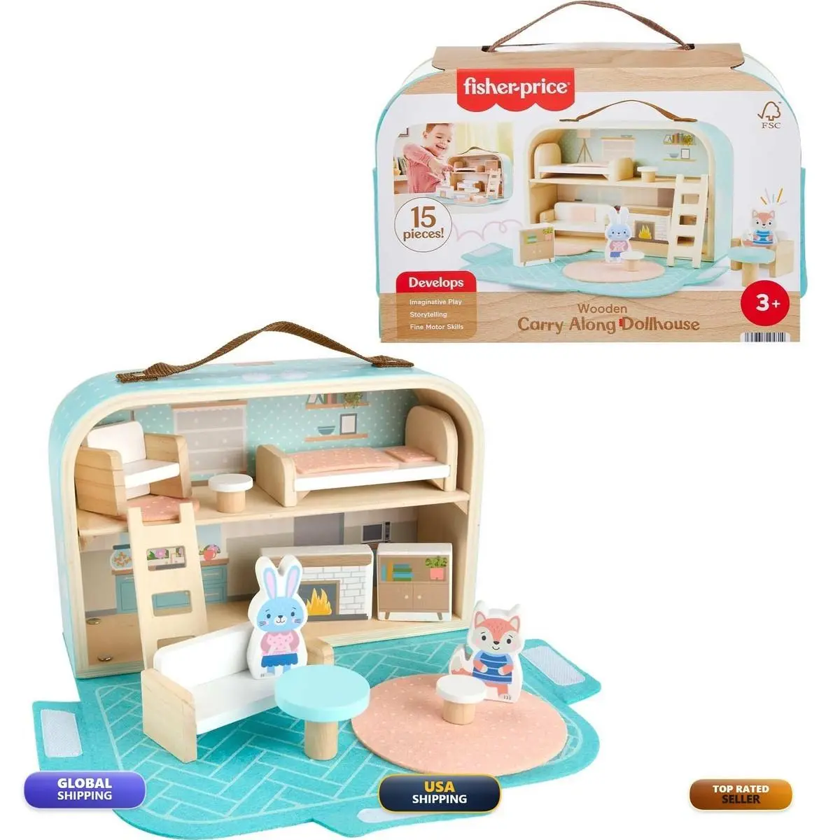 Fisher-price Wooden Dollhouse Carry Along 15-Piece Portable Playset Ages 3+