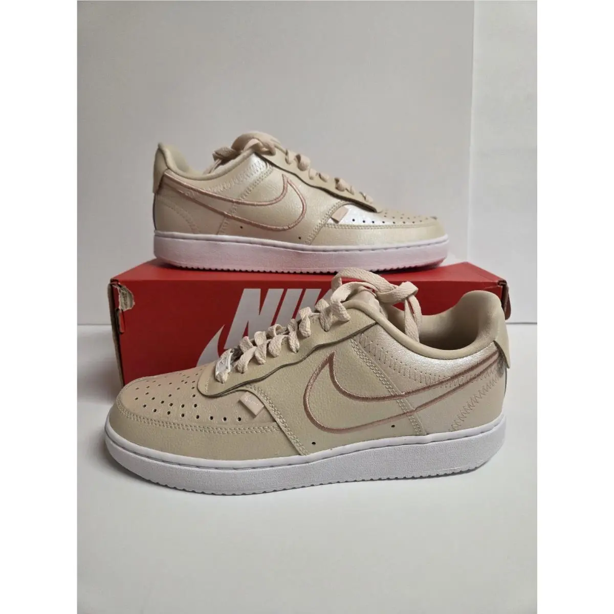 Nike Court Vision LO Prm Pearl White/mtlc Red Bronze Wmns Sz 8 Leather Sneakers