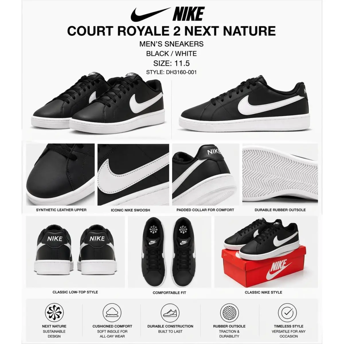 Nike Mens Court Royale 2 Next Nature Black White Sneakers DH3160-001 Size 11.5