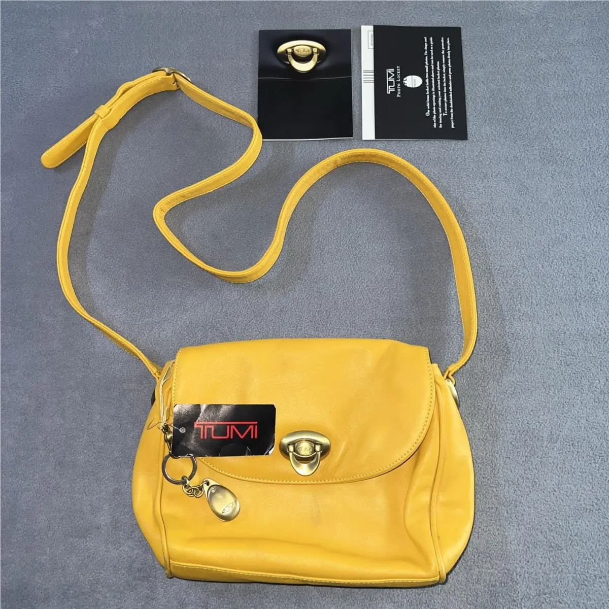 Vintage Tumi Leather Crossbody Yellow Bag Turn Flap Shoulder Brass Hardware