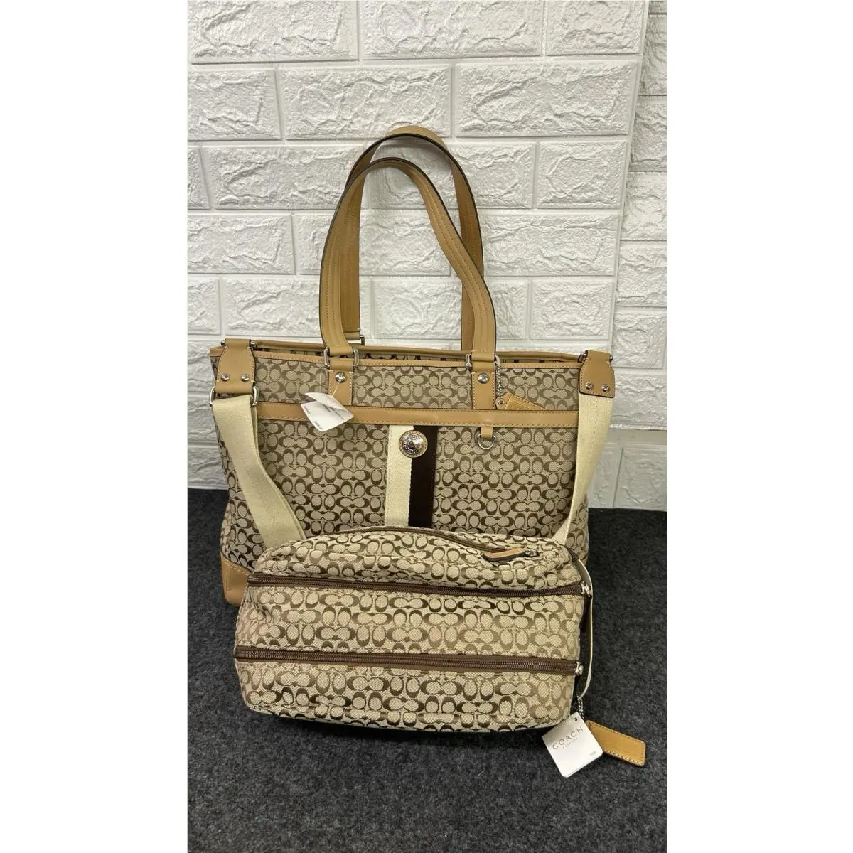 Phillip Lim Coach Kahki Voyage Tote Baby Bag Signature Pattern Extra Pouch Bag Brown Beige