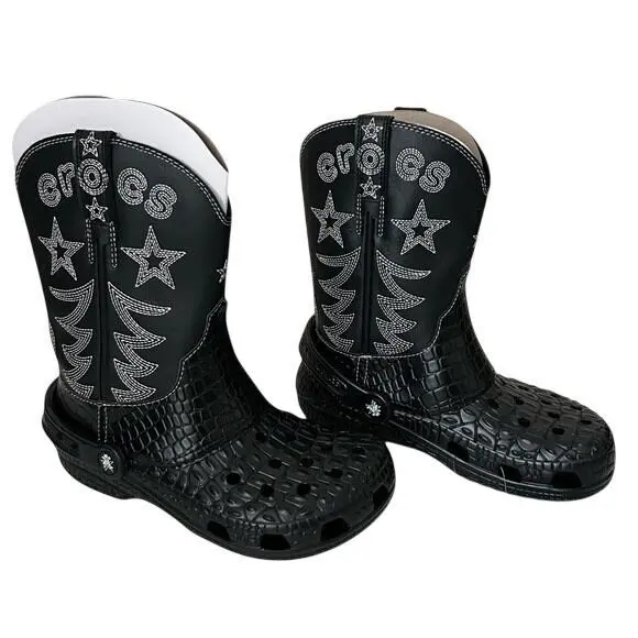 Crocs Black Classic Limited Edition Cowboy Boot Metallic Embroidery W-6 M-4