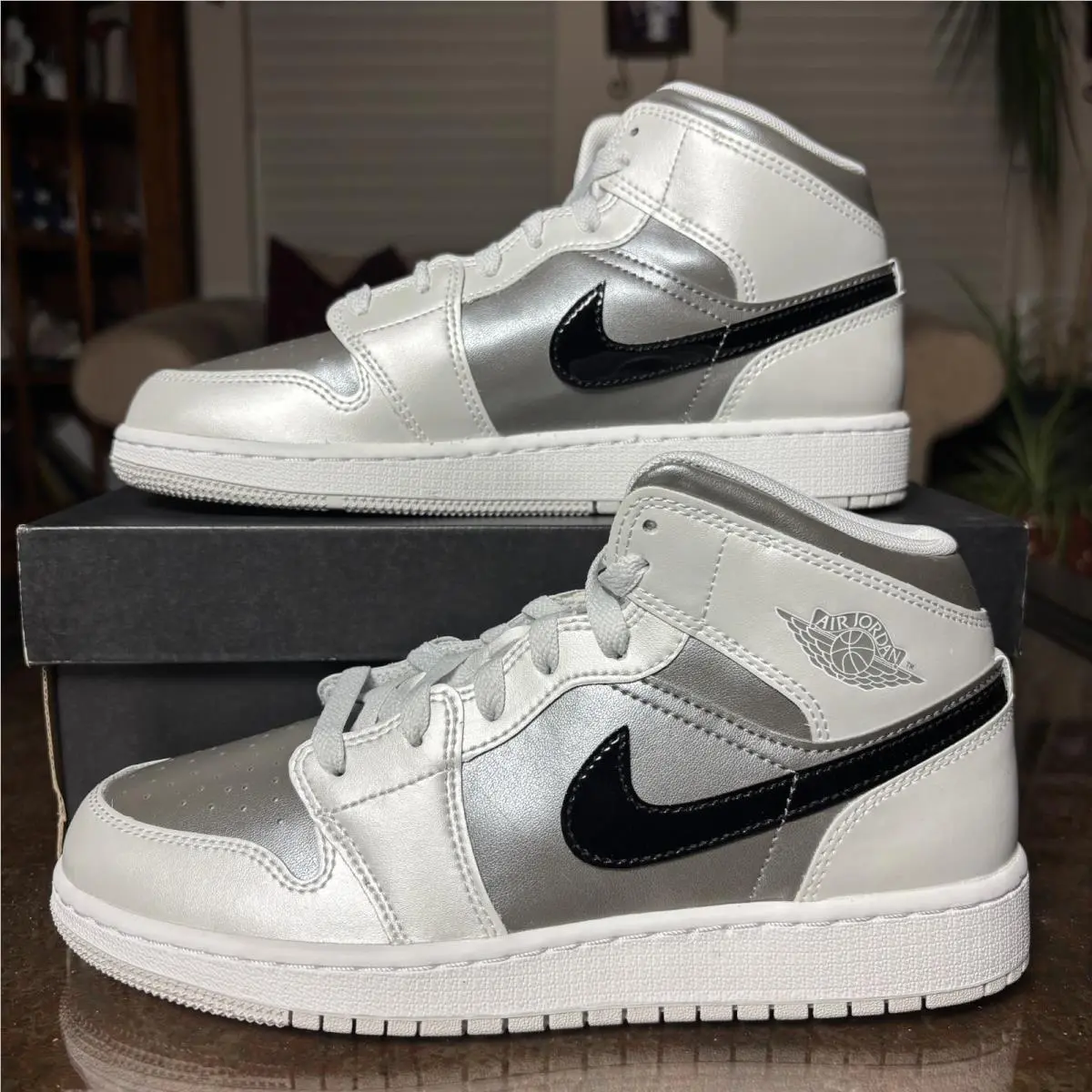 Air Jordan 1 Mid SE Silver White Black Lifestyle Shoes Sneakers Boys Sizes by Nike