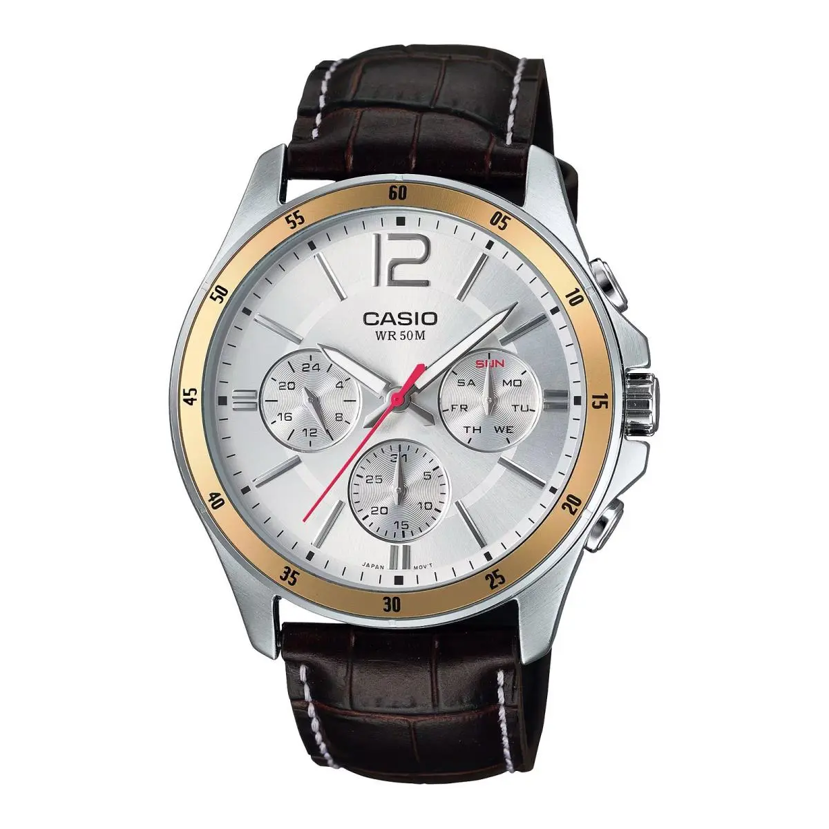 Men’s Silver Dial Chronograph Leather Watch with Gold-tone Bezel by Casio