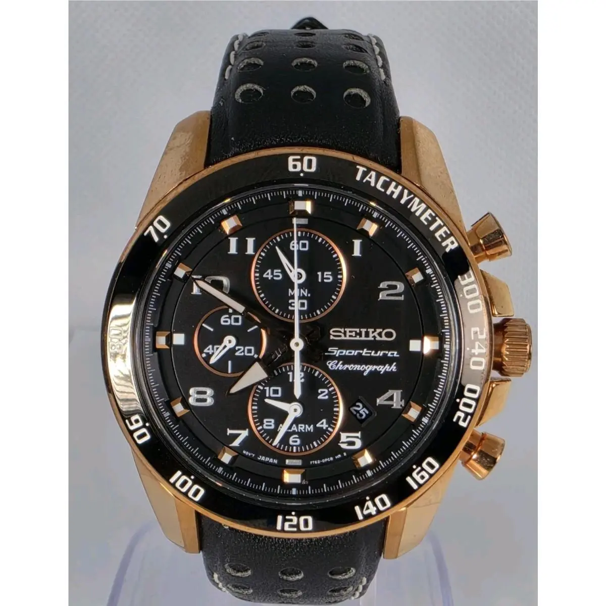 Chronograph Men`s Sportura Rose Gold Tone Stainless Steel Black Dial 41mm by Seiko