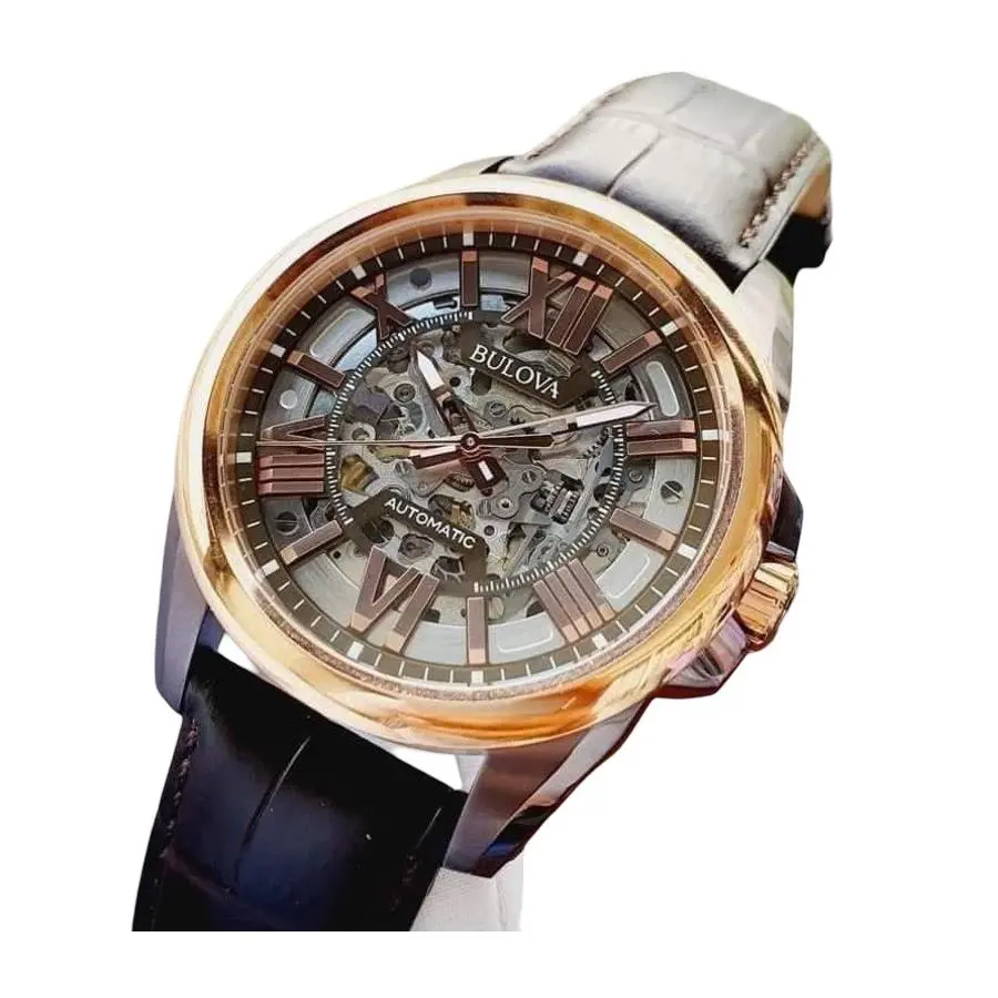Bulova Sutton Automatic Skeleton Dial Leather Band Men`s Watch 98A165