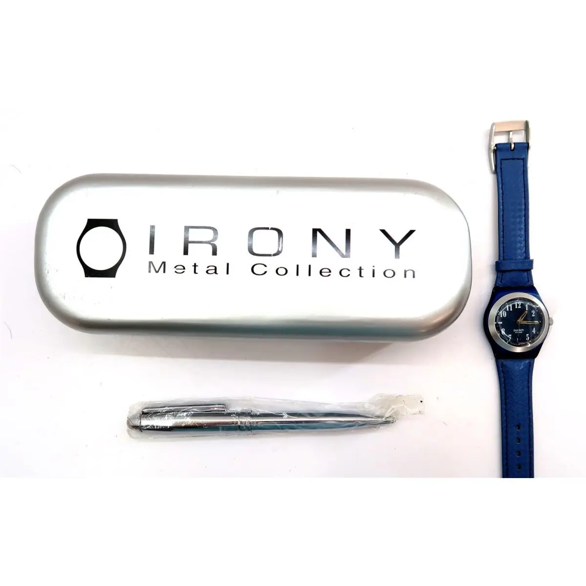 Swatch Irony Watch Paradis Bleu YLN4000 with Case Pen Papers 2004 Set