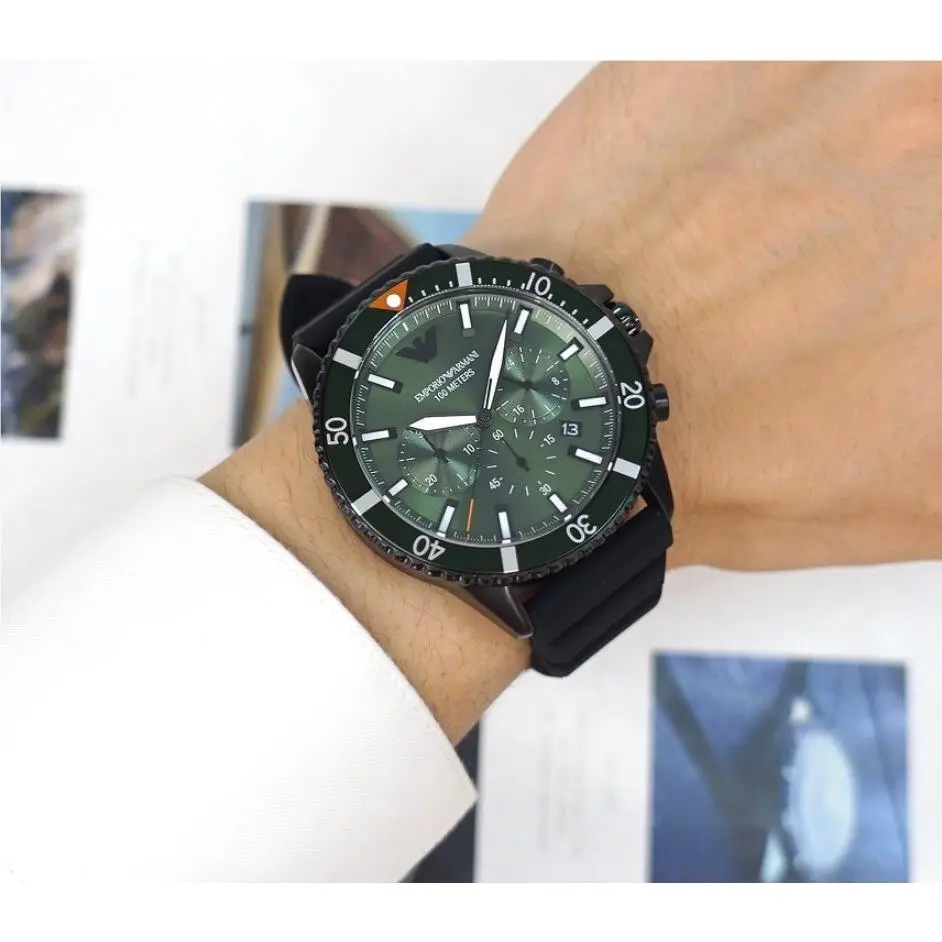 Men’s Green Black Silicone and Steel Chronograph Watch AR11463 by Emporio Armani