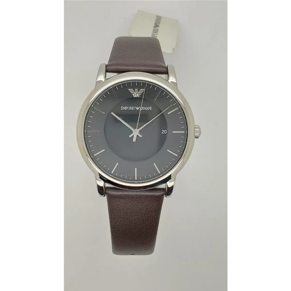 Emporio Armani AR80008 Silver Tone Black Dial Brown Leather Strap Mens Watch