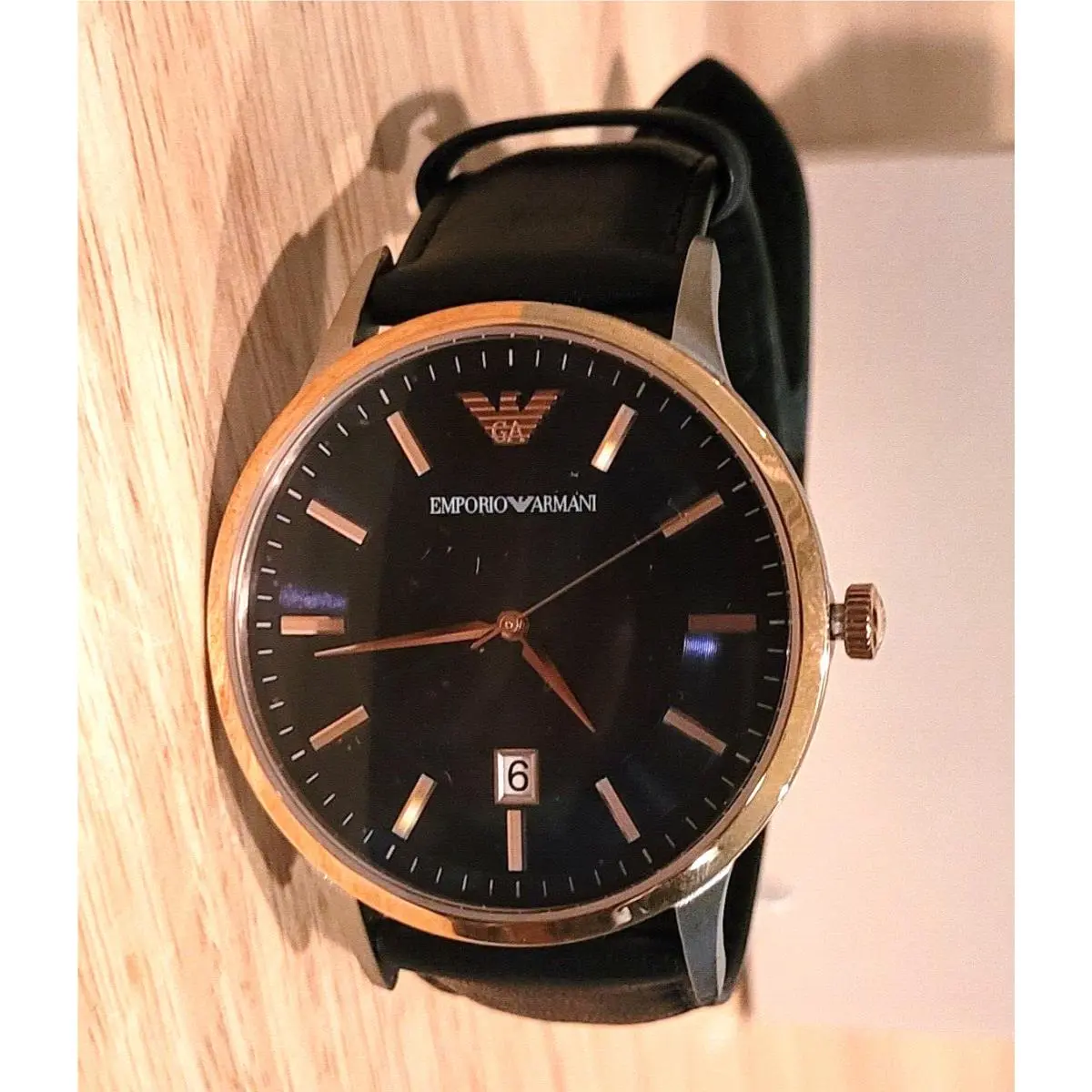 Emporio Armani Brilliant Blue Dial Leather Strap Men`s Casual Watch 43mm